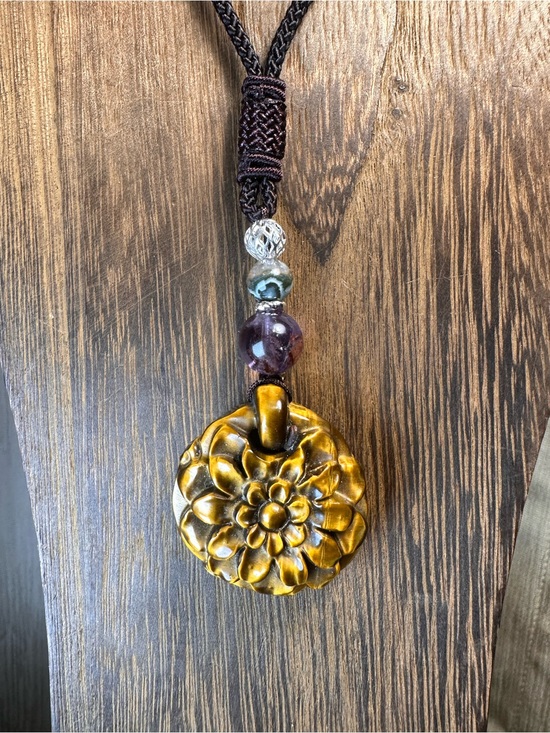 Jewelry - Tiger’s Eye Flower Pendant Necklace with Amethyst and Agate on Brown Rope